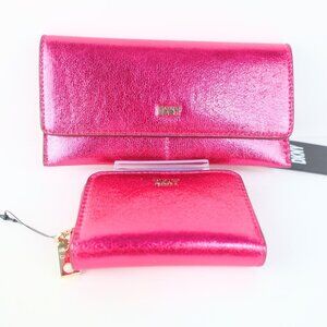 2 PC set -DKNY Lumen metallic faux-leather logo wallet + card case Pink